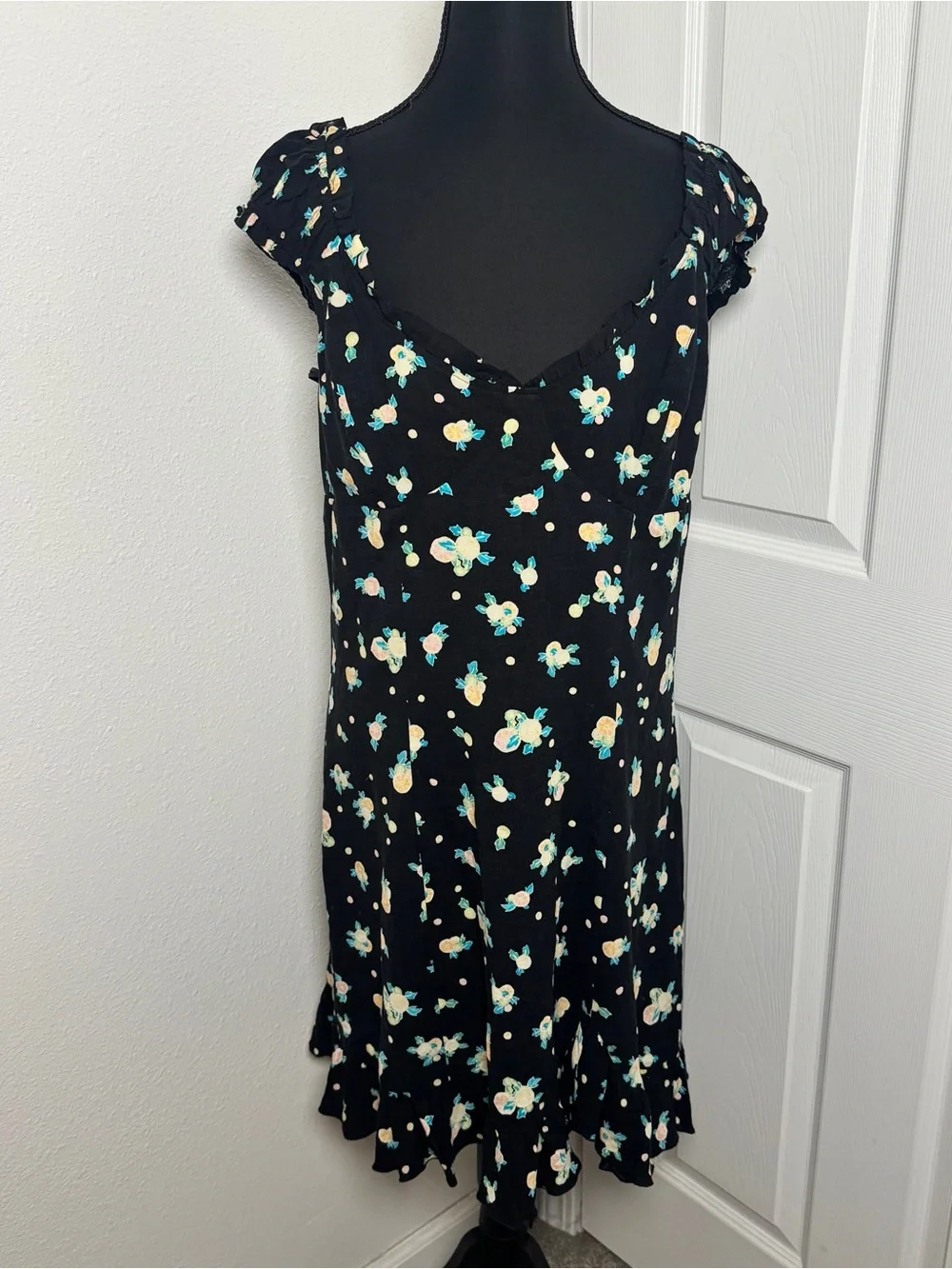 Free People Like A Lady Mini Dress Black Floral Open Back Tie Large - Picture 2 of 4